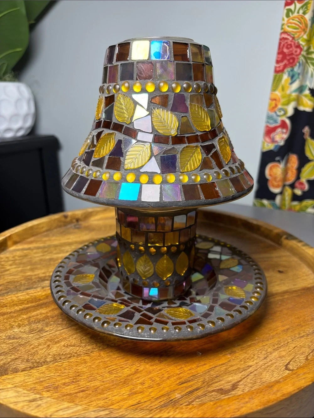 Yankee Candle Mosaic Leaves Glass Leaf Accent Set Topper Jar Plate Amber Purple